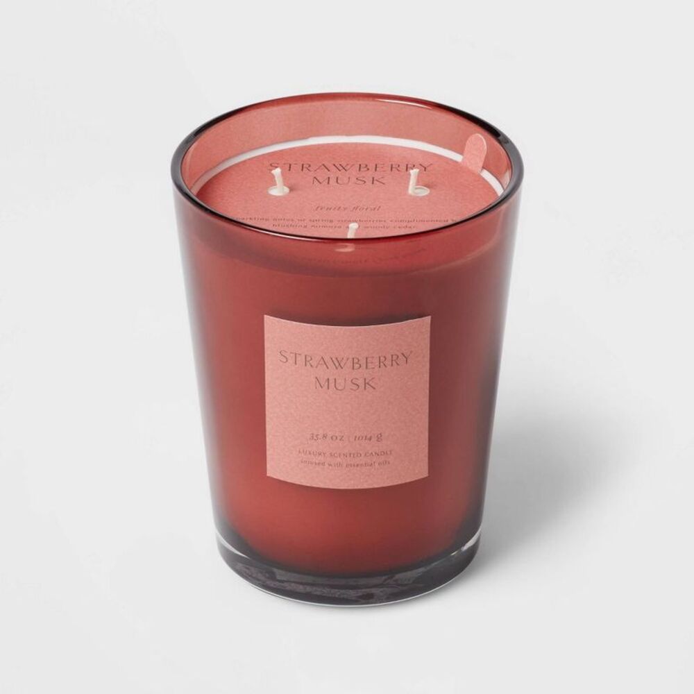 35oz Colored Vase Glass with Dustcover Strawberry Musk Candle Red - Threshold